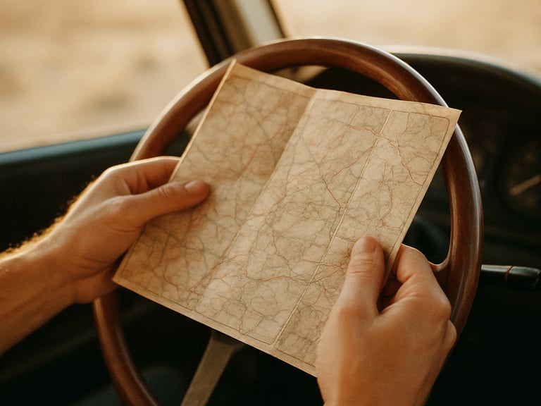 Close-up of hands holding a vintage physical paper map over a wooden steering wheel, soft warm sunlight, nostalgic travel feel, 35mm film look