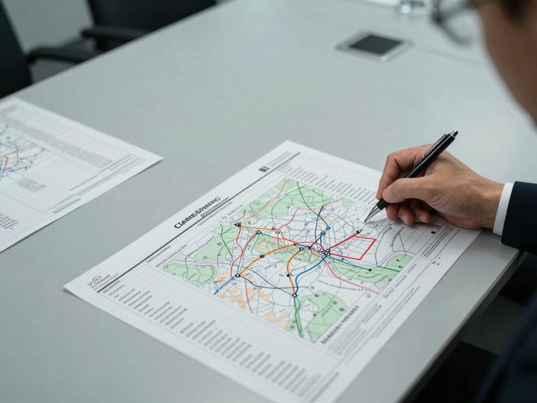 Wide overhead view of a corporate briefing table, printed flight manifests and hotel proximity maps spread flat, a hand marking routes with a pen, clinical overhead fluorescent lighting, cool slate tones
