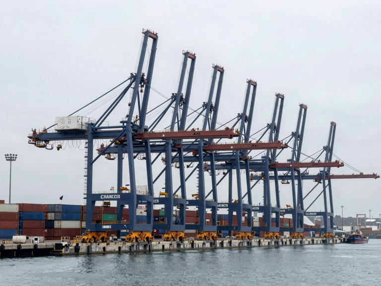 Wide environmental shot of the modern Chancay port terminal under construction, massive container cranes, deepwater berths, overcast daylight, cool steel tones, industrial maritime photography