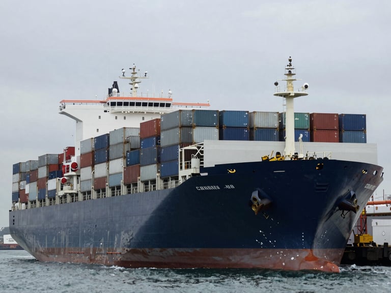 Wide environmental shot of a massive container ship at Callao port, overcast daylight, cool metallic steel tones, industrial maritime photography
