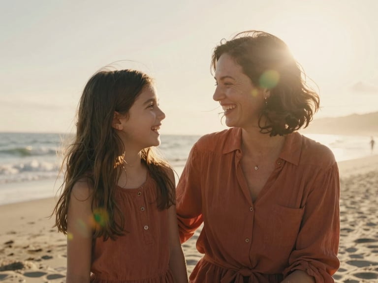 Candid mid-shot of a mother and daughter laughing on a beach, warm backlighting, soft natural flares, authentic family interaction