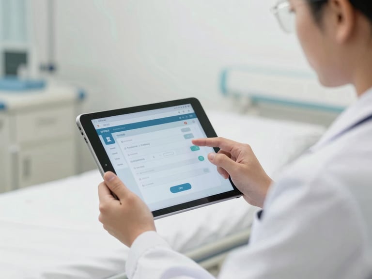 Vietnamese clinician reviewing a secure tablet interface in a modern hospital, bright neutral daylight, professional clinical tones, shallow depth of field, sharp 50mm lens