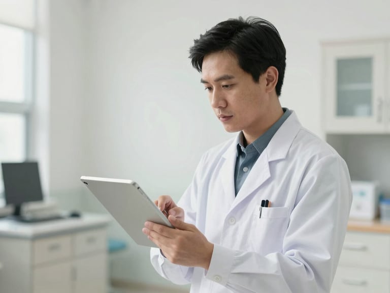 Vietnamese clinician interacting with a tablet interface in a modern hospital setting, bright neutral daylight, professional clinical tones, shallow depth of field.