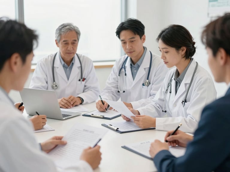 Collaborative cross-sector roundtable discussion, with diverse professionals (clinicians, tech developers) reviewing documents on a table, bright neutral daylight, professional clinical tones, shallow depth of field, sharp 50mm lens