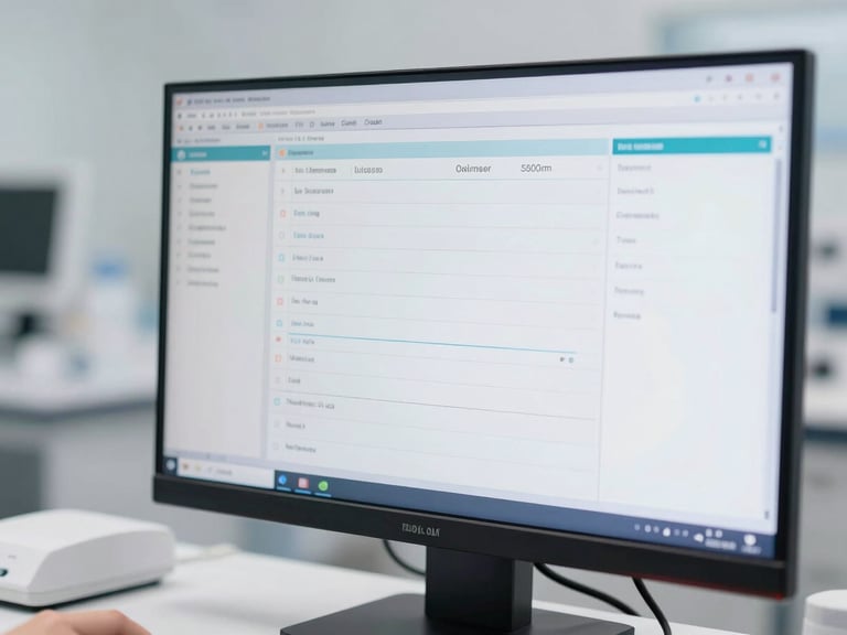 Close-up of a medical data dashboard on a monitor, displaying anonymized patient data, in a clean laboratory environment, bright neutral daylight, professional clinical tones, shallow depth of field, sharp 50mm lens