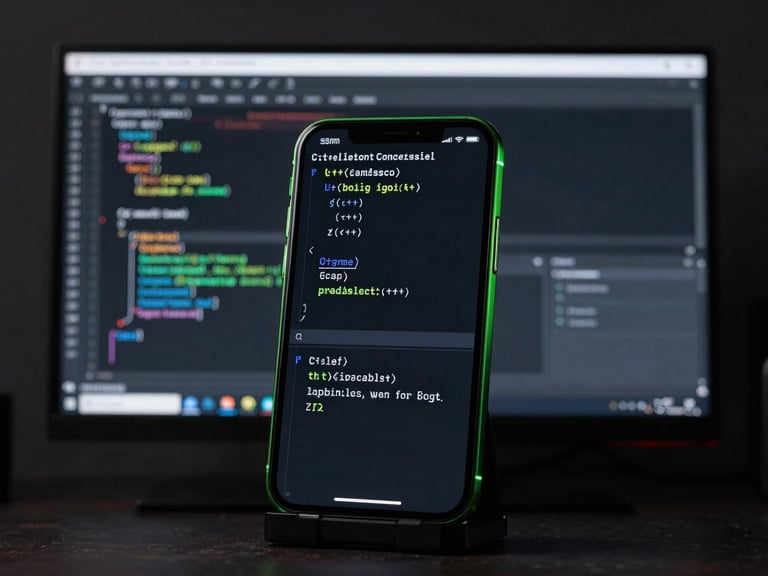 Dark-themed developer environment on a physical monitor showing clean C++ game engine code blocks, subtle neon green edge glows, macro focus, 50mm