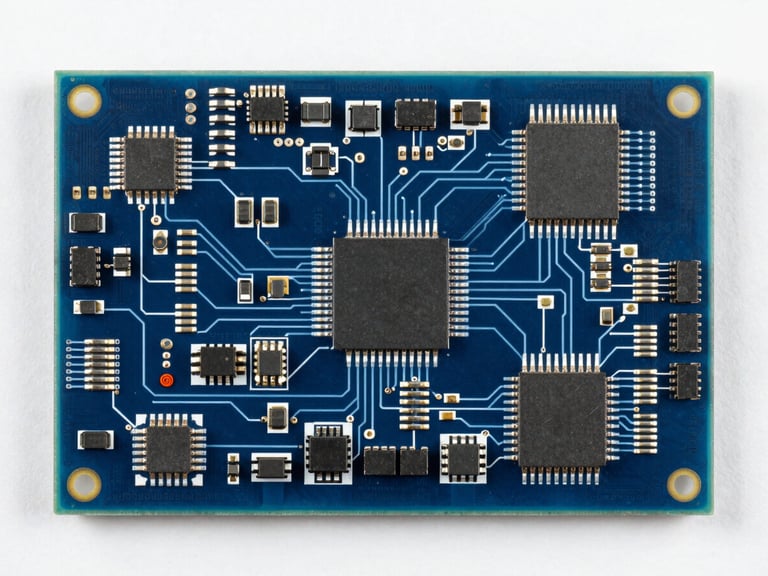 Top-down orthographic view of a high-density PCB layout, clean technical diagram lines overlaid, cool laboratory lighting, sharp focus, deep slate and electric blue tones, 50mm