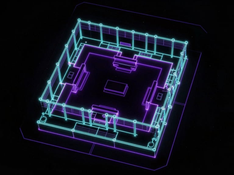 Technical vector map of an art gallery space, glowing neon cyan and purple floorplan lines on a deep black background, clean blueprint style.