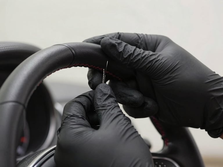 Macro shot of professional hands in black nitrile gloves carefully detailing the leather stitching of a steering wheel, soft focused background, clean studio lighting.