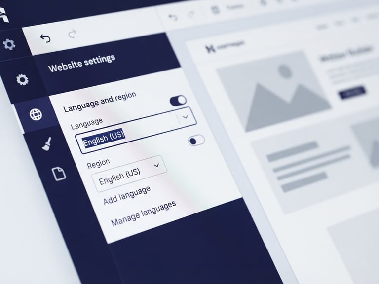 Clean, high-contrast screenshot of the Hostinger Website Builder interface, showing language settings or heading structure options, crisp studio lighting, deep navy and white tones, sharp macro focus.