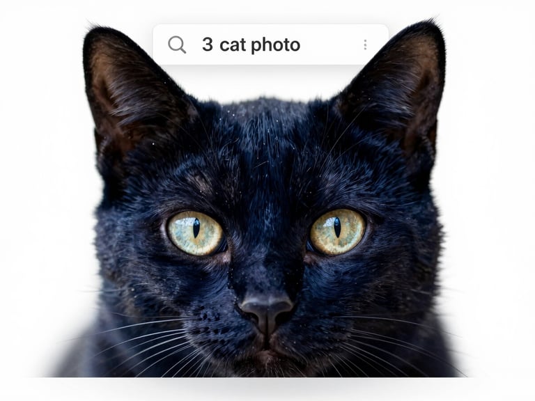 Screenshot of a website builder's alt text field containing 'cat photo', clean high-contrast digital UI photography, crisp studio lighting, deep navy and white tones, sharp macro focus