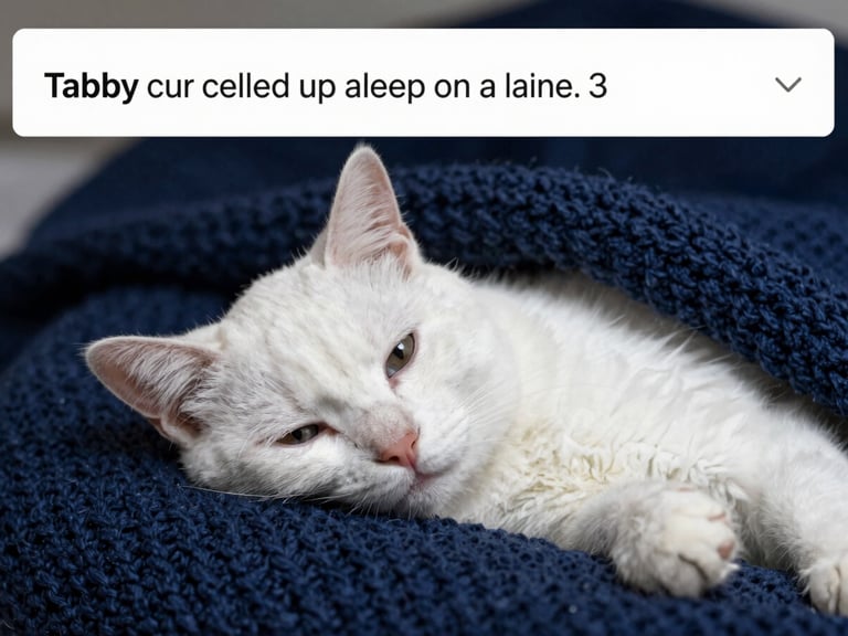 Screenshot of a website builder's alt text field containing 'Tabby cat curled up asleep on a blue knitted blanket.', clean high-contrast digital UI photography, crisp studio lighting, deep navy and white tones, sharp macro focus
