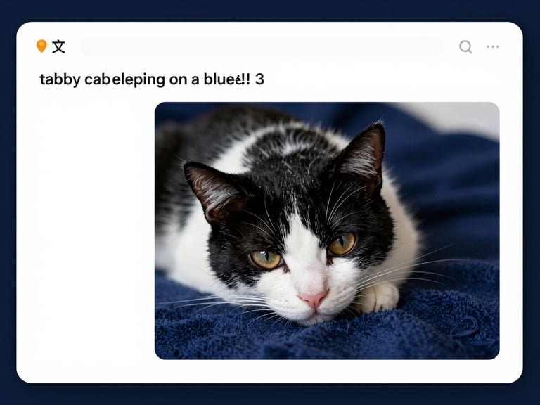 Screenshot of a website builder's alt text field containing 'tabby cat sleeping on a blue blanket', clean high-contrast digital UI photography, crisp studio lighting, deep navy and white tones, sharp macro focus