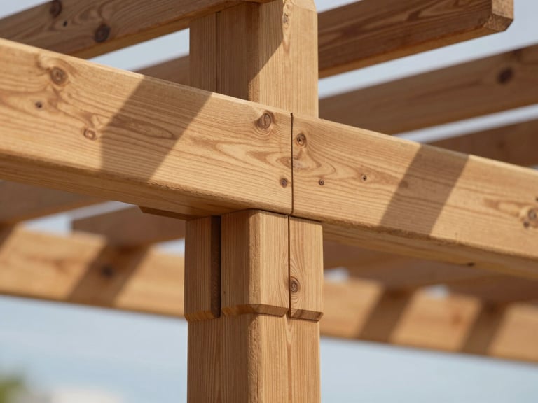 Close-up of a perfectly crafted interlocking wooden joint on an outdoor pergola structure, warm natural coastal sunlight, rich wood grain visible