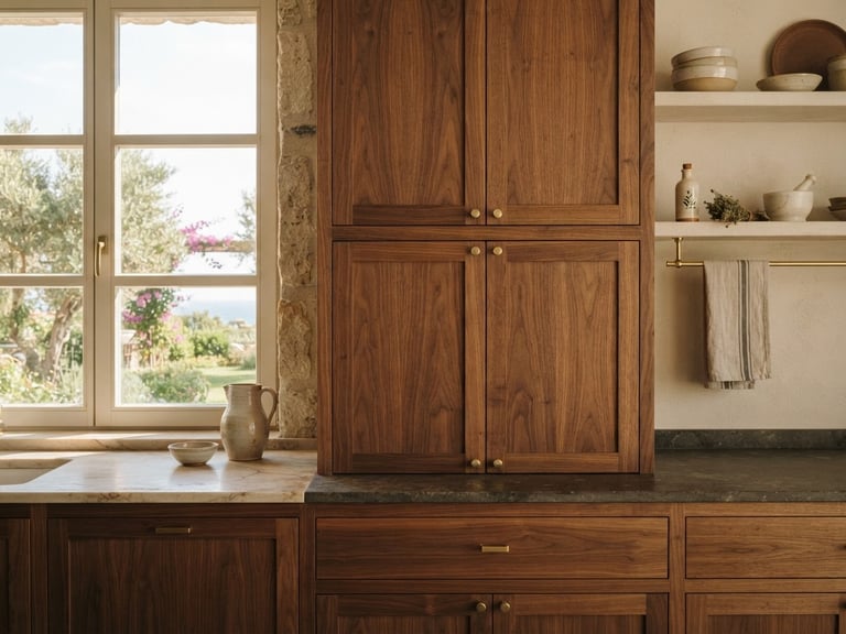 Warm editorial photography of a beautifully finished custom wooden kitchen cabinet in a rustic-modern Urla home, bright natural Aegean light streaming through a window, soft shadows.