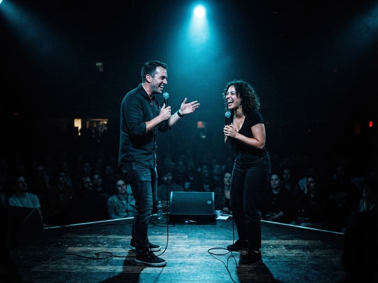 Wide-angle dramatic stage shot of two stand-up comedians under a single electric neon-blue spotlight, deep ink shadows, grainy 35mm film style.