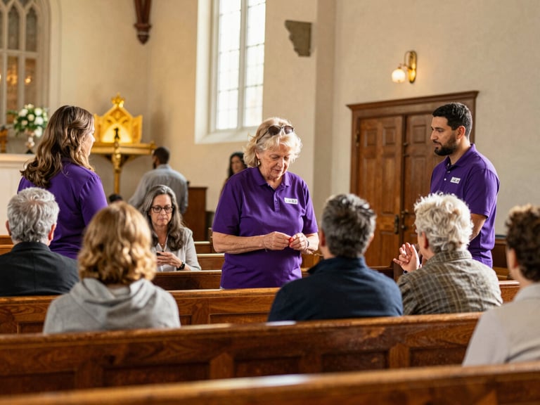 A wide editorial photograph of a warm, sunlit church lobby in Upstate South Carolina, families greeting each other, natural golden hour light, shallow depth of field