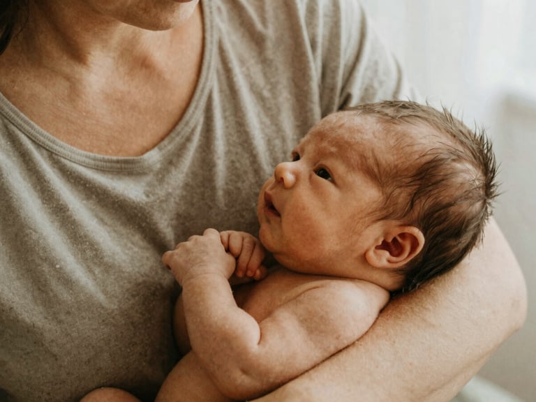 An intimate, warm-toned portrait of a mother and newborn in soft morning light, shallow depth of field, tactile earthy textures.