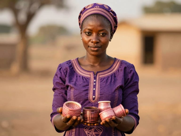 Warm editorial photography of a West African woman presenting her hand-crafted products, soft natural light, shallow depth of field.