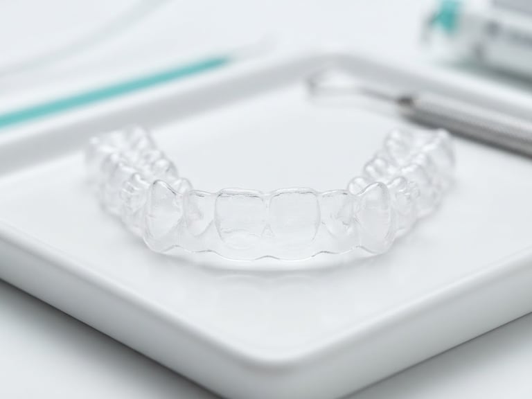 Macro photograph of a clear dental aligner showing high material clarity on a clean white clinical surface, bright high-key studio lighting, medical teal accents, shallow depth of field.