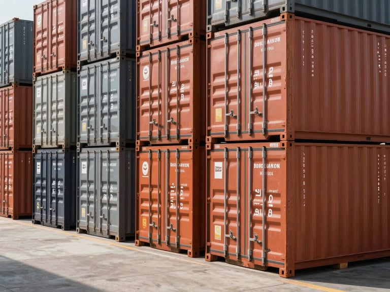Sharp editorial photography of a modern shipping warehouse, structured wooden pallets stacked with standardized export-grade cargo containers, crisp natural daylight casting long geometric shadows, terracotta and slate tones, 50mm.