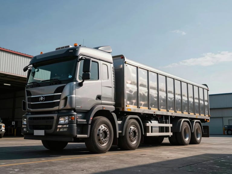 Low-angle heroic shot of a heavy-duty double-axle truck with a custom steel body parked in an industrial yard, dramatic high-contrast daylight, 35mm