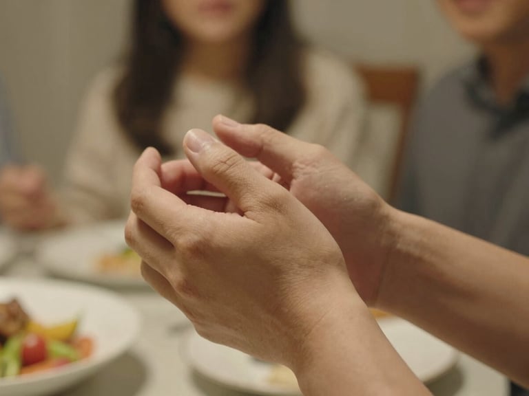 A close-up candid shot of hands holding during a warm family dinner, soft ambient indoor lighting, emotional depth