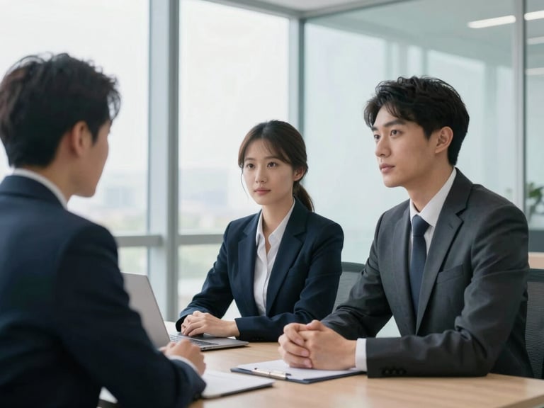 Quiet collaborative meeting of two corporate professionals in a modern glass-walled office, bright daylight, focused and calm.