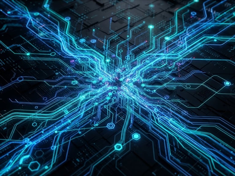 Sleek 3d render, dark mode aesthetic, glowing neon blue and teal data streams, high-contrast tech lighting, macro perspective of a digital network map
