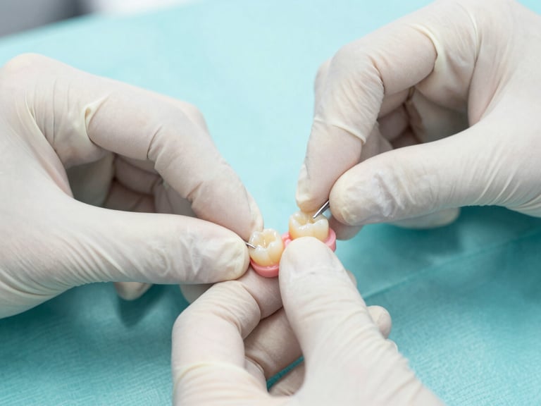 Close-up of a temporary dental crown being fitted onto a tooth, dentist's hands in focus, soft clinical light.