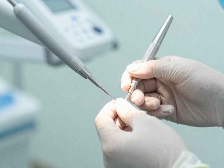 Close-up of a dentist's gloved hands carefully performing a tooth extraction, sterile instruments visible, bright clinical lighting.