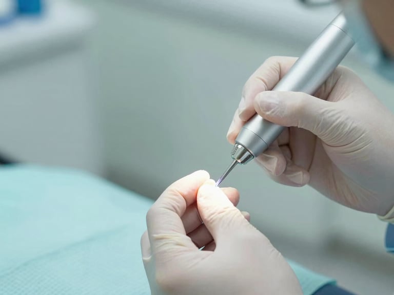 Dentist applying a tooth-colored filling, high-tech curing light, focus on the tooth, sterile environment.