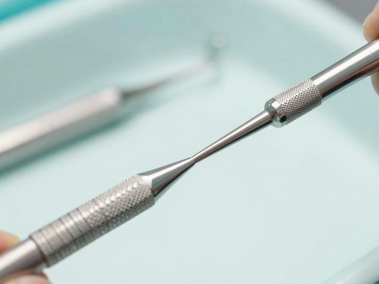 Macro shot of sterile dental instruments used for drainage, focused on precision, clean clinical environment.
