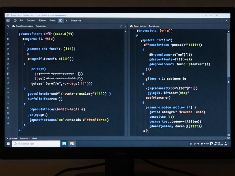 Extreme close-up of clean code on a dark high-end monitor, sharp electric blue highlights, low-key moody studio lighting, symmetrical composition.