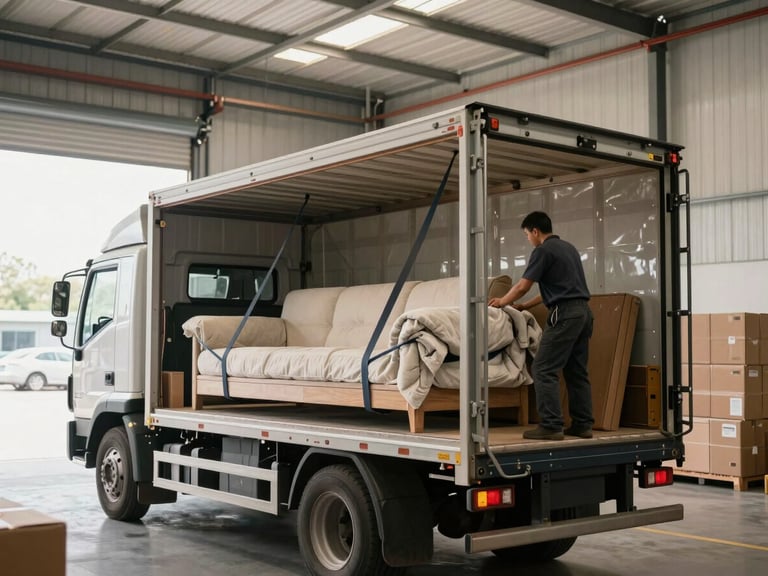 Wide environmental shot of a moving truck's open cargo bay in a bright warehouse, a worker securing furniture with heavy-duty straps and moving blankets, natural daylight through industrial loading bay doors, stacked boxes in the background