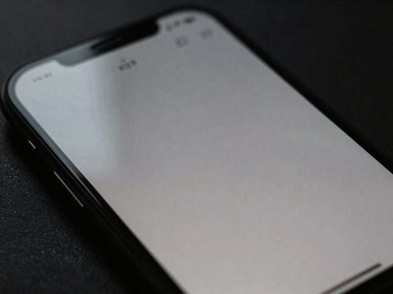 Moody close-up macro shot of a mobile screen showing a minimalist layout, soft natural light reflecting off glass, deep charcoal tones, 35mm.