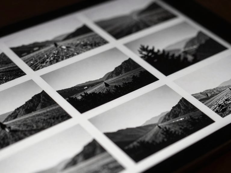 Macro shot of a tablet screen displaying a clean grid of black and white landscape photos, soft side lighting, moody shadows.