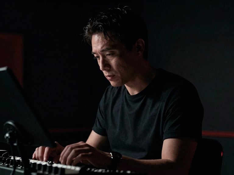 Portrait of a musician in a studio setting, dramatic low-key lighting, focused on their intense expression and instrument, cinematic film photography, deep blacks, subtle red accent, professional equipment visible.