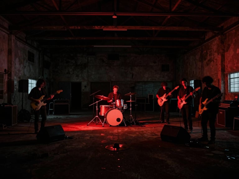 Plano amplo de uma banda em um armazém abandonado, iluminação dramática de baixa intensidade, brilho sutil de neon, lente anamórfica, fotografia cinematográfica.