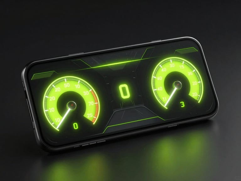 Sleek 3D digital render of a futuristic racing game interface on an Android phone, neon glassmorphism UI, glowing cyber lime speedometers, dark background, sharp focus