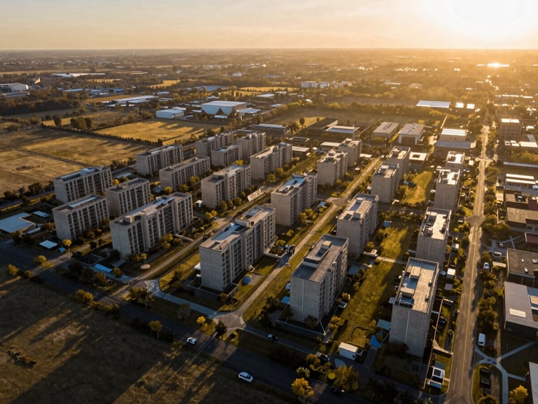 Premium architectural drone photography of master-planned land plots at golden hour, low-sun angle casting long high-contrast shadows, rich gold and dark tones, wide-angle lens.