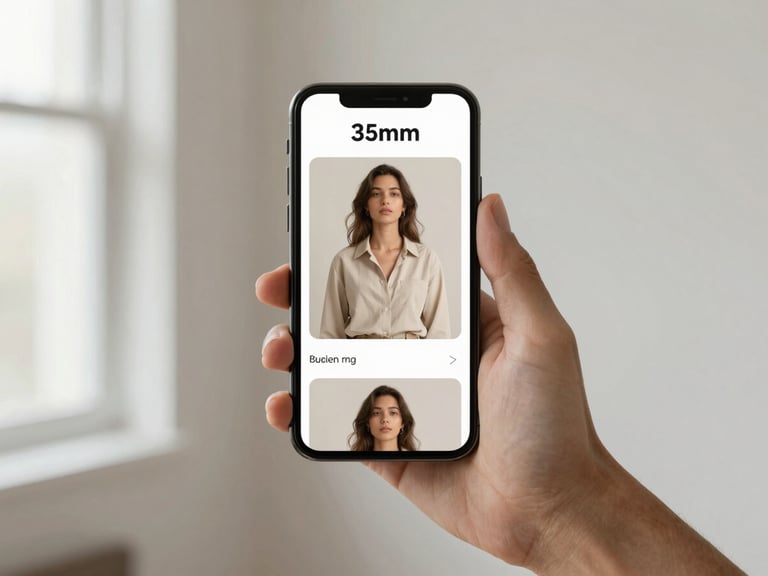 Smartphone mockup showing a clean sustainable fashion e-commerce store, held in hand, bright neutral studio background