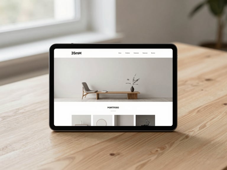 High-fidelity website mockup of a minimalist architecture portfolio displayed on a tablet, resting on a clean wooden table, daylight