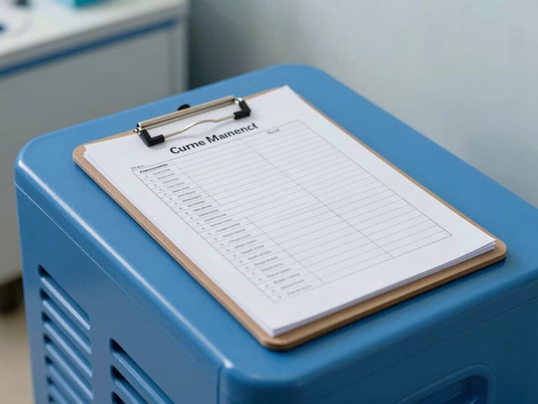 A clinical clipboard with a printed property maintenance checklist resting on top of a blue industrial dehumidifier, bright clinical lighting.