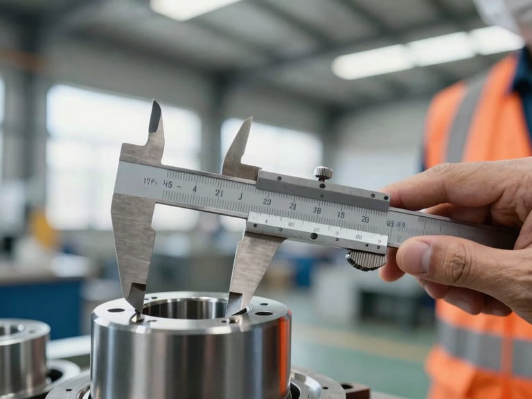 Macro close-up of a quality control inspector measuring a precision-machined metal part with calipers, bright industrial warehouse lighting.