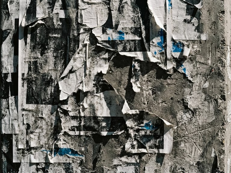High-contrast close-up of bold brutalist typography printed on raw wheatpaste posters on a concrete city wall, dramatic shadows, harsh midday sun, 35mm film