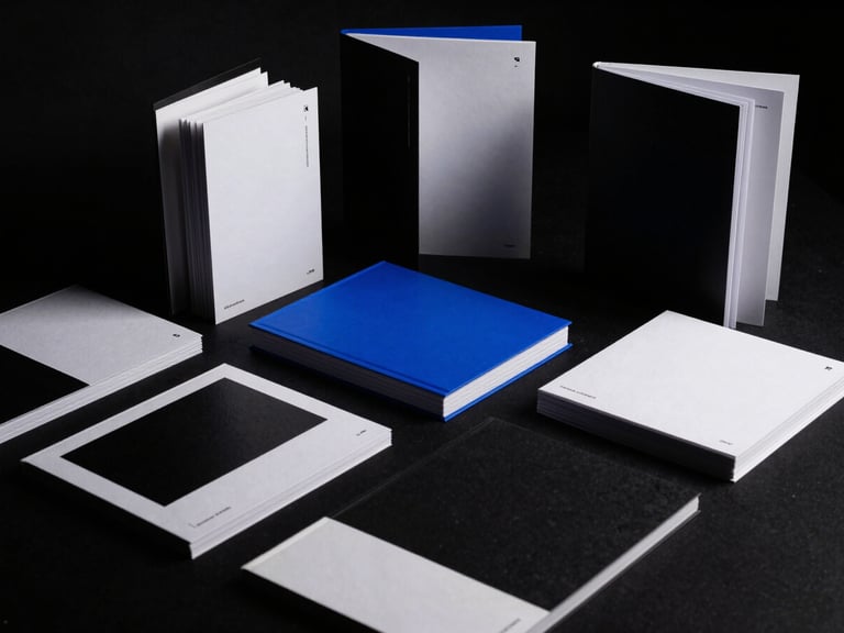 Dramatic studio shot of physical brand books and stationery, stark high-contrast lighting, 35mm film.