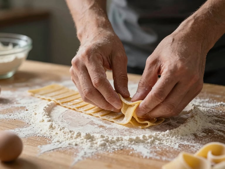 Tight macro shot of hands preparing fresh pasta on a flour-dusted wooden table, soft morning side-light, shallow depth of field