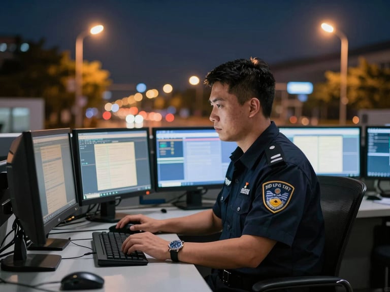 Professional uniformed security officer in a control room, focused on monitors, sharp daylight, deep navy and amber tones, high contrast, 35mm lens