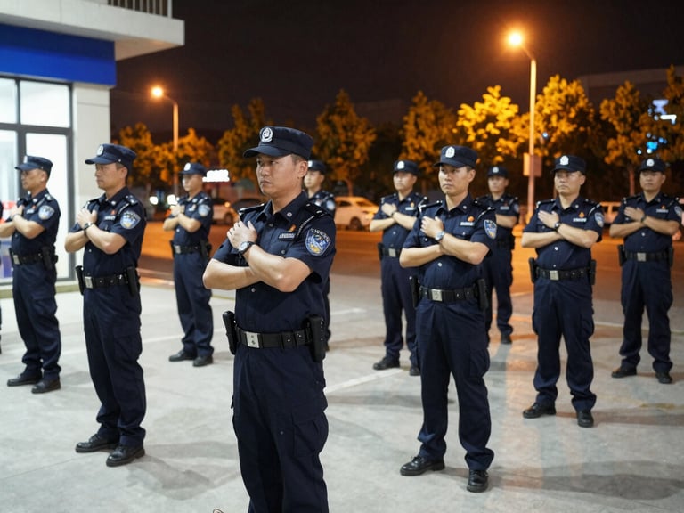 Uniformed security officers conducting a training exercise in a modern facility, focused and professional, sharp daylight, deep navy and amber tones, high contrast, 35mm lens